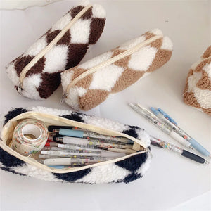 Checkerboard Flannel Pencil Case Large Capacity Stationery Bag