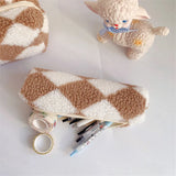 Checkerboard Flannel Pencil Case Large Capacity Stationery Bag