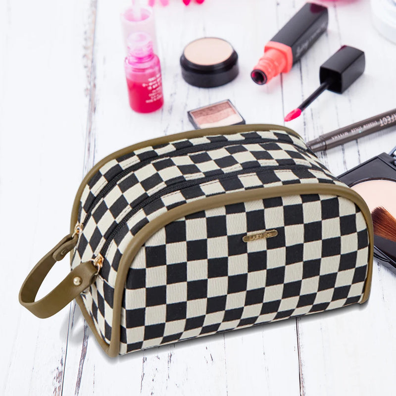 Checkerboard Plaid Cosmetic Bag Double Zipper Toiletry Bag