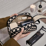 Checkerboard Plaid Cosmetic Bag Double Zipper Toiletry Bag