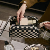 Checkerboard Plaid Cosmetic Bag Double Zipper Toiletry Bag