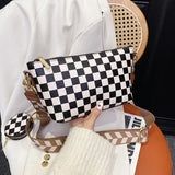 Checkerboard Women Shoulder Bag Wide Strap Crossbody Bag Chain Sling Bag