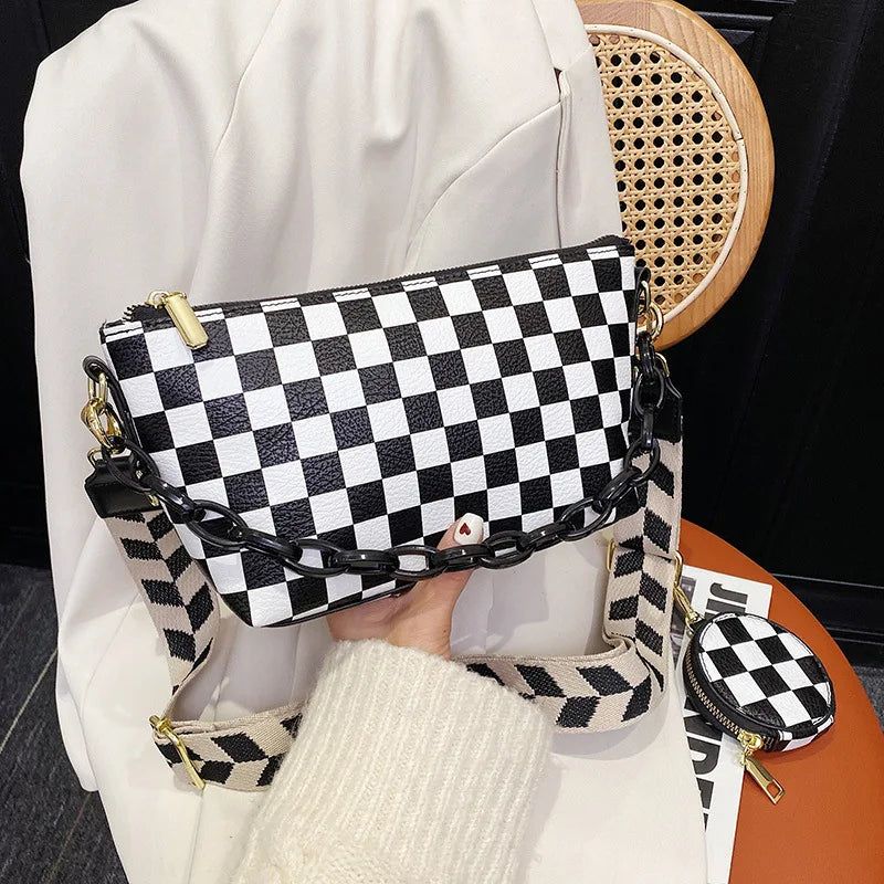 Checkerboard Women Shoulder Bag Wide Strap Crossbody Bag Chain Sling Bag