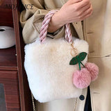 Cherry Bucket Bag Plush Women Handbags Chain Casual Portable Soft Warm