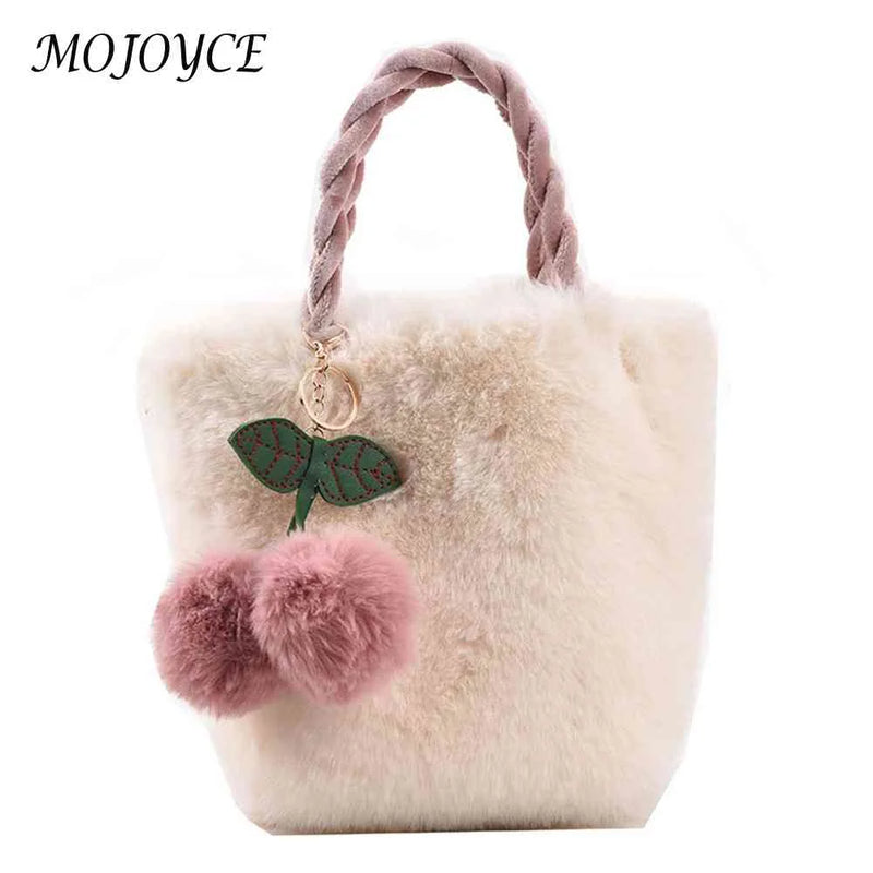 Cherry Bucket Bag Plush Women Handbags Chain Casual Portable Soft Warm