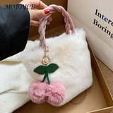 Cherry Bucket Bag Plush Women Handbags Chain Casual Portable Soft Warm