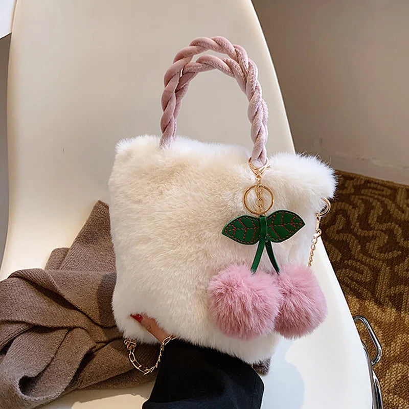 Cherry Plush Woven Handbag Sweet Chain Girls Shoulder Bag