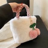Cherry Plush Shoulder Bag for Women - Casual Portable Tote with Chain