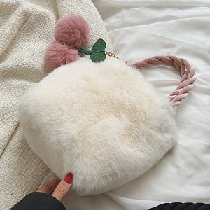 Cherry Plush Shoulder Bag for Women - Casual Portable Tote with Chain