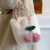 Cherry Plush Shoulder Bag for Women - Casual Portable Tote with Chain