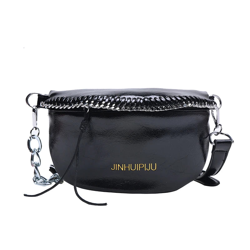 Women's Leather Crossbody Chest Bag Chain Shoulder Messenger Pack
