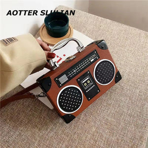 Radio-Shaped Small Square Bag Hard Shell Metal Handbag Girl Shopping Travel