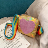 Kids Rainbow Messenger Bag Sparkly Love Print Crossbody