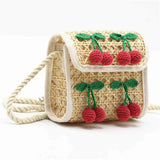 Kids Natural Rattan Woven Bag Cherry Pompon Small Handbag