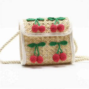Kids Natural Rattan Woven Bag Cherry Pompon Small Handbag