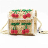 Kids Natural Rattan Woven Bag Cherry Pompon Small Handbag