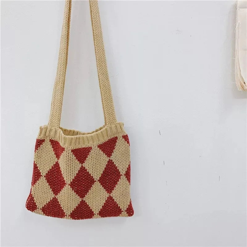 Kids Woolen One Shoulder Messenger Bag Diamond Matching Baby Knitted Bag