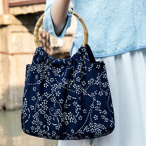 Ethnic Batik Cloth Shoulder Bag Bamboo Handle Women's Bag