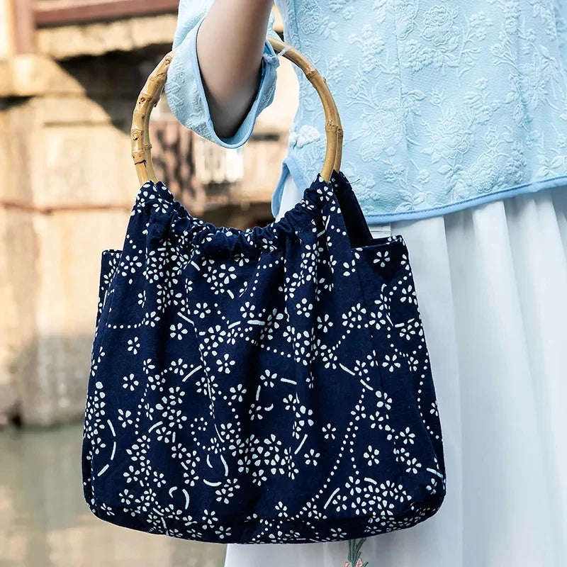 Ethnic Batik Cloth Shoulder Bag Bamboo Handle Women's Bag