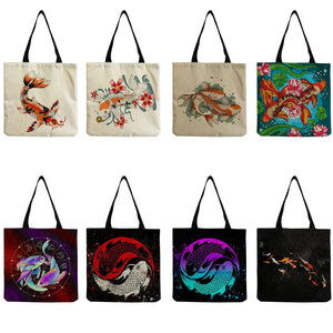 Chinese Fish Print Women's Shoulder Bag High Capacity Travel Handbag