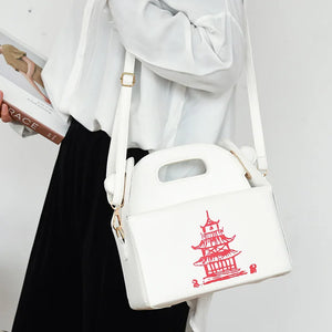 Chinese Takeout Box Tower Print Handbag Novelty Girl Shoulder Bag Totes Purse