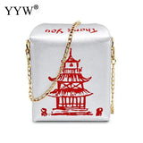 Chinese Takeout Box Tower Print Pu Leather Ladies Handbag Novelty Women Girl
