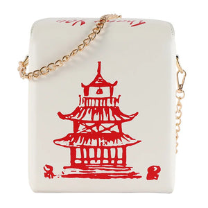 Chinese Traditional Tower Printed Shoulder HandBag Chain Bag Travel PU Square