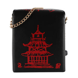 Chinese Traditional Tower Printed Shoulder HandBag Chain Bag Travel PU Square