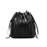 ChongJing PU Leather Shoulder Bag Pleated Stripe Bucket Bag Ladies Crossbody Bag