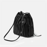 ChongJing PU Leather Shoulder Bag Pleated Stripe Bucket Bag Ladies Crossbody Bag