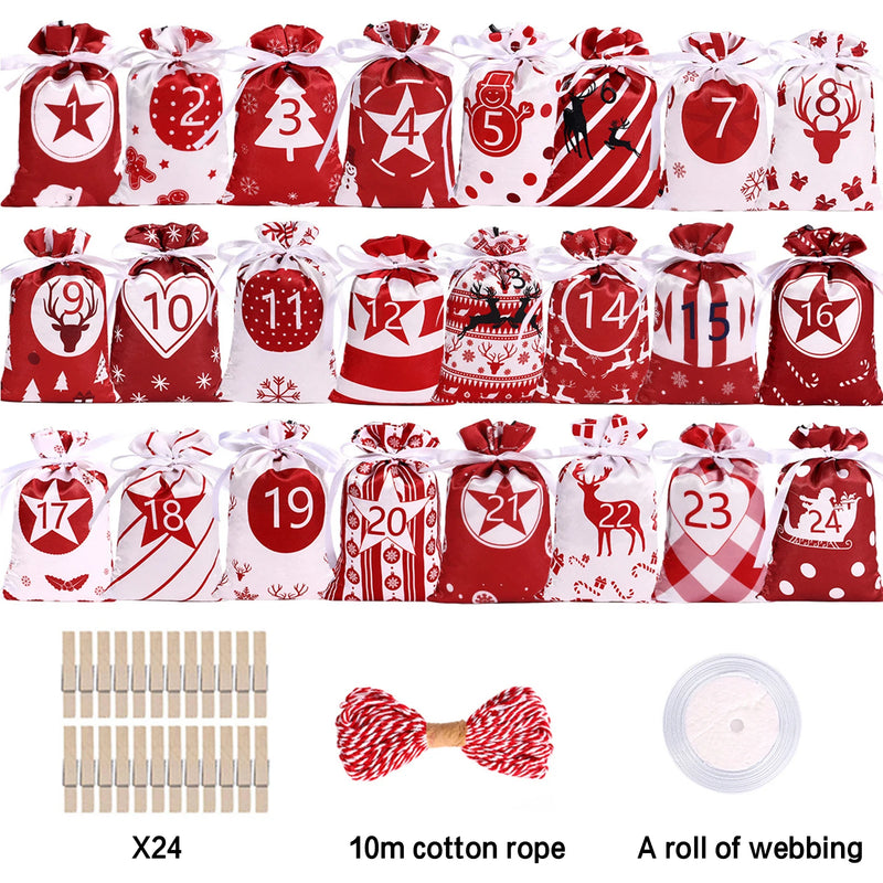 Christmas Advent Calendar Bags 24 Days Countdown Drawstring Gift Pouches