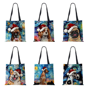 Christmas Dog Canvas Shopper Tote Bag Harajuku Women Reusable Shoulder Bag