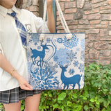 Christmas Elk Women Canvas Shoulder Bag Paint Casual Shopper Reusable Handbag