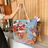 Christmas Elk Women Canvas Shoulder Bag Paint Casual Shopper Reusable Handbag