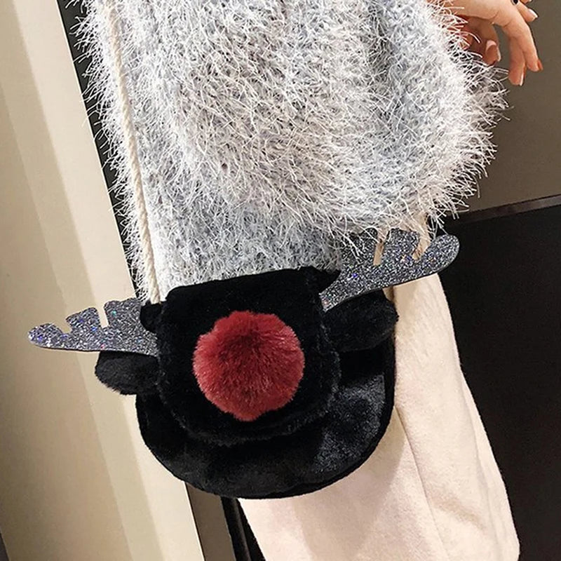 Christmas Plush Messenger Bag Women Fur Red Nose Reindeer Shoulder Small Crossbo