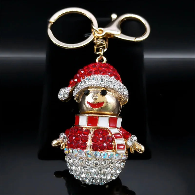 Christmas Snowman Key Ring Rhinestone Metal Cartoon Bag Charm Keychain