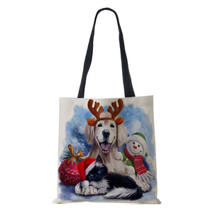Christmas Tree Harajuku Canvas Shopper Bag Dog Women Reusable Shoulder Bag