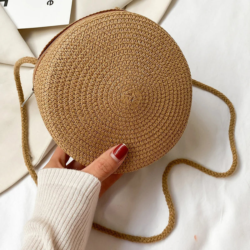 Circle Straw Woven Messenger Bag Women Summer Beach Round Rattan Crossbody Bags