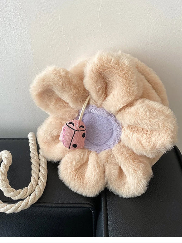 Circular Flower Small Girls Messenger Bag Plush Handbag Winter Women Crossbody B