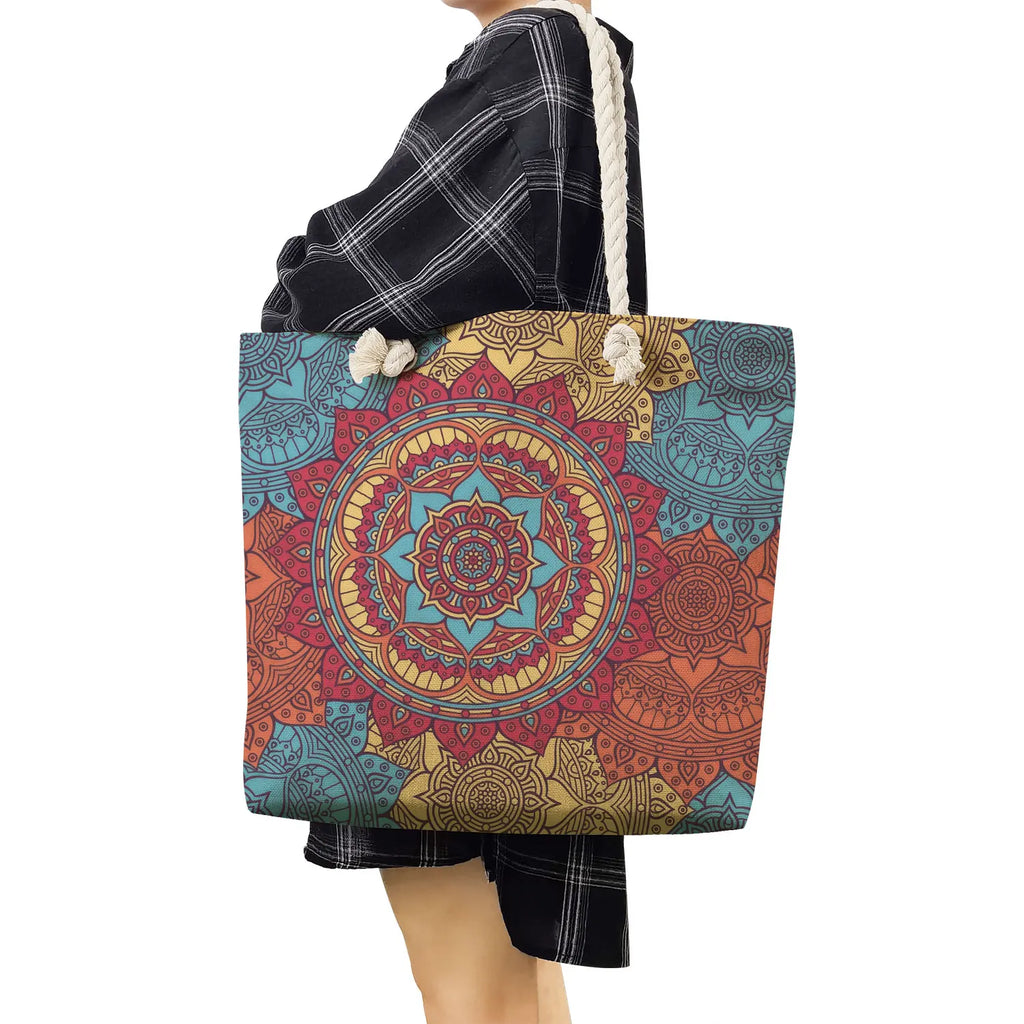 Colorful Floral Print Handbags High Capacity Tote Bags Travel Beach Bag