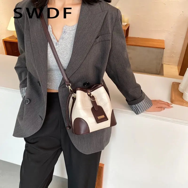 Vintage Small Women Bucket Bags PU Leather Shoulder Bags Drawstring Cross body