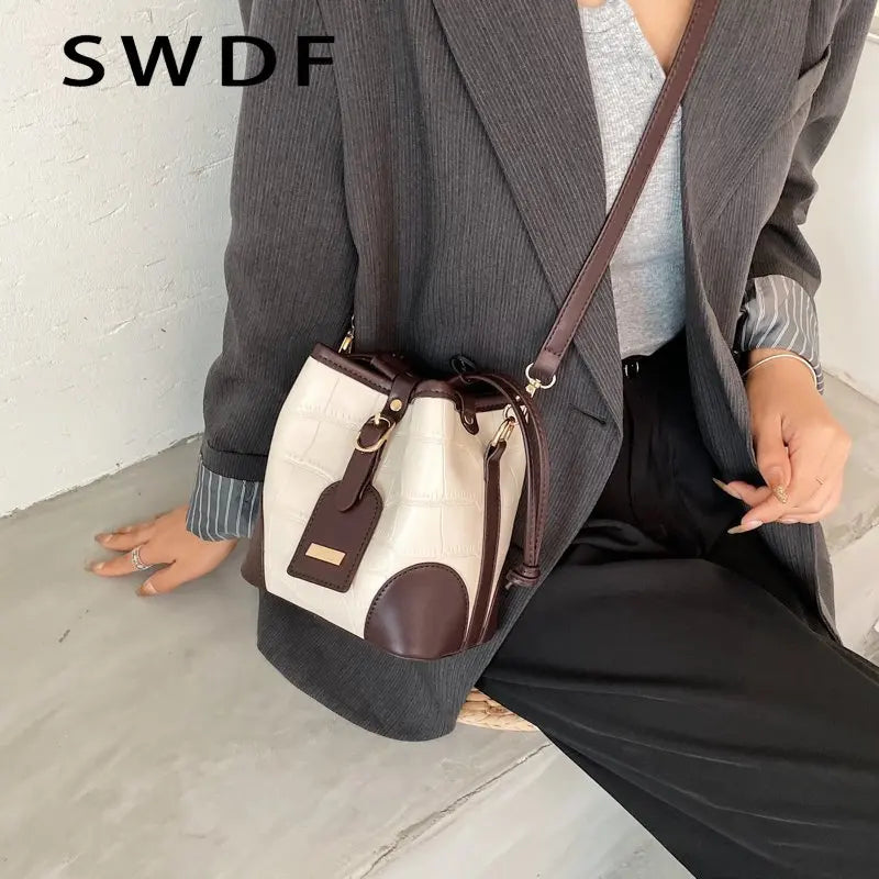Vintage Small Women Bucket Bags PU Leather Shoulder Bags Drawstring Cross body