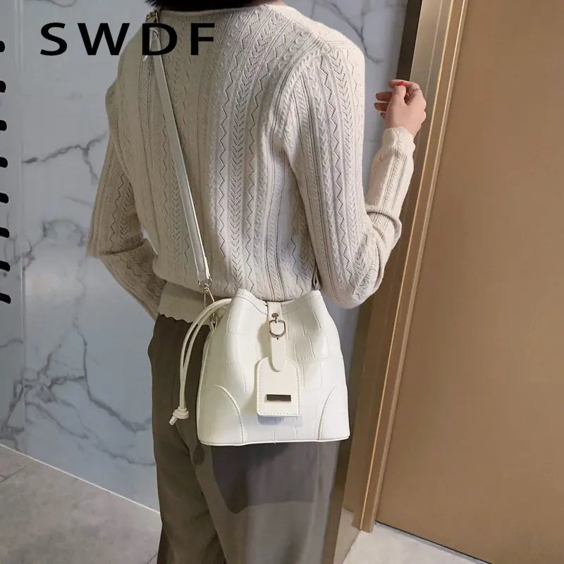 Vintage Small Women Bucket Bags PU Leather Shoulder Bags Drawstring Cross body