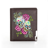 Skull Rose Leather Wallet Men Women Billfold Slim Credit Card Holders