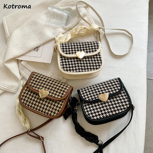 Retro Houndstooth Shoulder Bag Women Saddle Autumn Ribbon Strap