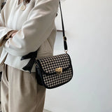 Retro Houndstooth Shoulder Bag Women Saddle Autumn Ribbon Strap