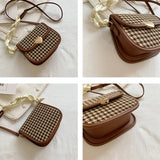 Retro Houndstooth Shoulder Bag Women Saddle Autumn Ribbon Strap