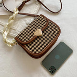 Retro Houndstooth Shoulder Bag Women Saddle Autumn Ribbon Strap