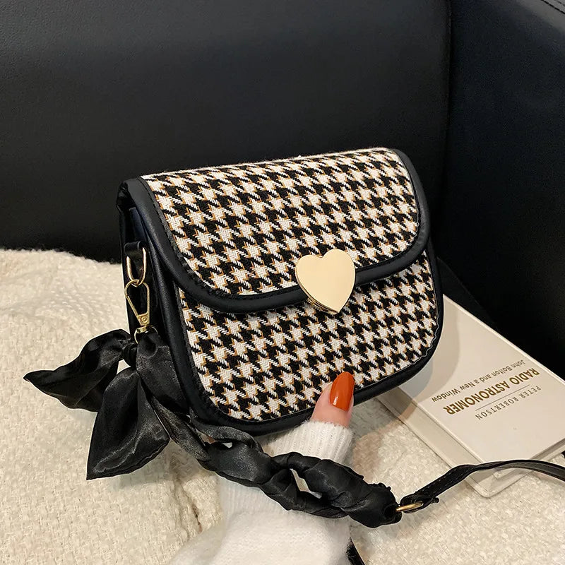 Retro Houndstooth Shoulder Bag Women Saddle Autumn Ribbon Strap