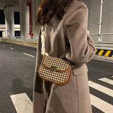 Retro Houndstooth Shoulder Bag Women Saddle Autumn Ribbon Strap